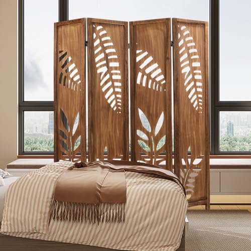 Giantex Boho Rustic Room Divider, 4 Panel Carved Leaf Folding Wood Screen, Fully Assembled, 67'' Freestanding Privacy Partition Decorative Wall, Foldable Room Separator for Bedroom, Brown Giantex