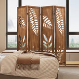 Giantex Boho Rustic Room Divider, 4 Panel Carved Leaf Folding Wood Screen, Fully Assembled, 67'' Freestanding Privacy Partition Decorative Wall, Foldable Room Separator for Bedroom, Brown Giantex