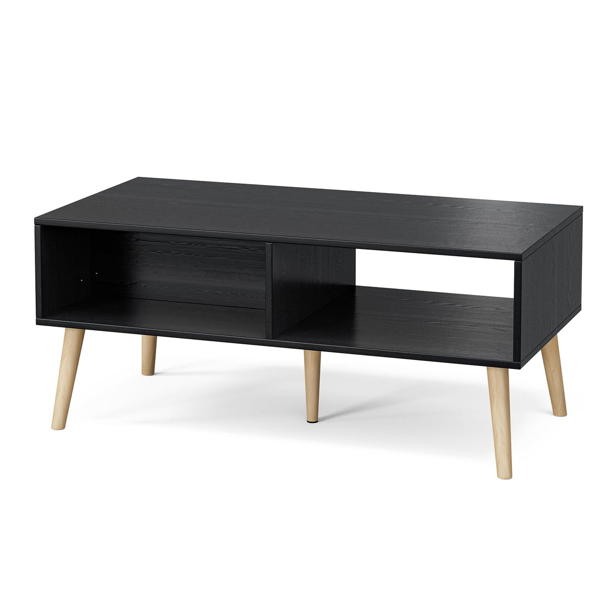 ZttRiee Wood Coffee Table with Storage, Boho Dining Table with Rattan Drawer and Solid Wood Legs, Small Coffee Tables for Living Room, Black ZttRiee