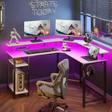 Rolanstar L Shaped Gaming Desk with LED Lights & Power Outlets, 46.2" Computer Desk with Full Monitor Stand & Storage Shelf, Corner Desk with Hooks, White Desk Reversible Rolanstar
