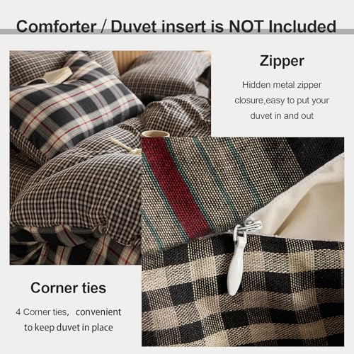 EAVD Vintage Red&Black Plaid Duvet Cover Queen Soft 100% Muslin Cotton Retro Grid Checkered Bedding Set with 2 Pillowcases Reversible Gingham Duvet Cover with Zipper Closure EAVD