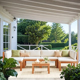 Devoko Outdoor Sectional Couch 7 Pieces Patio Sectional Sofa with Acacia Wood Coffee Table, Outdoor L-Shaped Couch with All-Weather Cushion for Patio,Deck,Backyard(White) Devoko