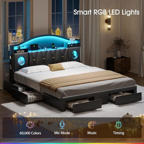 California King Bed Frames, Cal King Bed Frame with Storage Headboard & 6 Drawers, Platform Bed with with LED Lights & Charging Station, Noise-Free, No Box Spring Needed, Easy Assembly, PU Black Tagafi