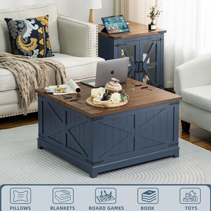 Joaxswe Farmhouse Coffee Table with Hidden Storage Organizer, Modern Square Large Center Table, Wood Farm House Low Navy Blue Living Room Tables with Hinged Lift Top for Home, Office - WoodArtSupply