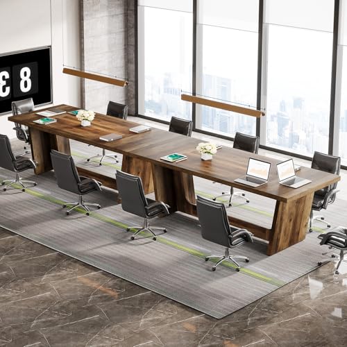 Tribesigns 12FT Conference Table, Modern Meeting Seminar Table for 12-14 Person, Rectangular Solid Executive Business Furniture Boardroom Desk for Office,(Set of 2, Dark Brown) Tribesigns
