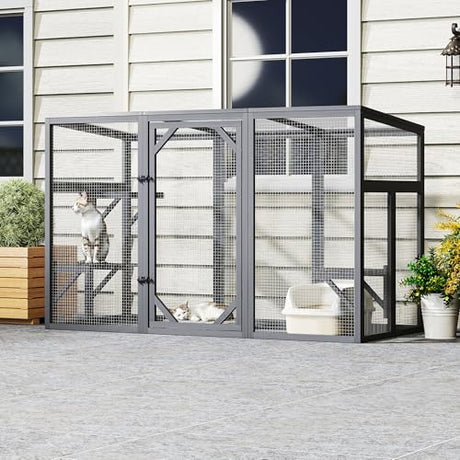 Outdoor Cat Catio House, Wooden Cat Habits with 3 Platforms, Lockable Doors, Top PC Sun Roof, Patio Yard Window Enclosures, Weatherproof, Gray Nyeekoy