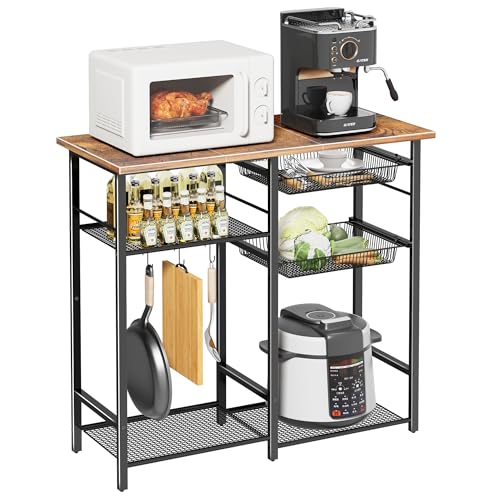 LAKEMID Kitchen Bakers Rack,Microwave Stand with Storge 3-Tier,Coffee Bar Station,6 S-Shaped Hook,Kitchen Storage Shelf,33.7D x 14.9W x 29.9H Inches,Rustic Brown