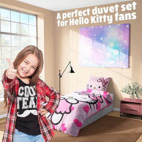 Hello Kitty Sanrio Duvet Cover and Pillowcase Set for Girls, Teens, Reversible Bedding 53 x 79” Bedroom Decor, Kawaii Gifts for Girls (Pink Hello Kitty, Single) Hello Kitty