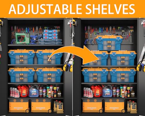 Upgraded Tall & Wide Metal Storage Cabinet with Doors & 4 Adjustable Shelves | Heavy-Duty Black Lockable Garage Cabinet with Wheels & Pegboard for Office, Gym, Basement, Warehouse (Black) basenji
