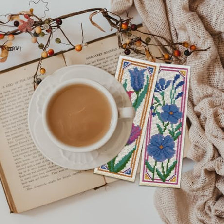 ORIGACH 6 Pcs Flower Cross Stitch Bookmark Kit for Beginner with Backing Felt Floss Instruction Sunflowers Tulip DIY Stamped Embroidery Bookmark Kit for Starter Adults Book Lovers ORIGACH