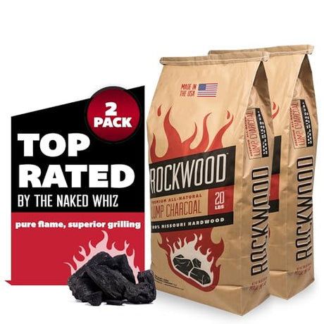 Rockwood Natural Lump Charcoal - Oak, Hickory & Cherry Hardwood Blend for High-Heat Grilling & Slow Smoking - Clean Burning BBQ Charcoal - No Fillers - Made in USA - 20 lbs (2 Packs) Rockwood