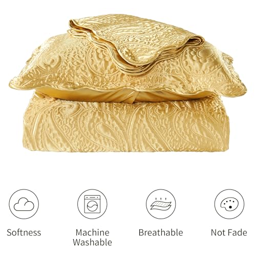 Home Soft Things King Size Quilted Satin Bedspread Set - 3-Piece Luxury Reversible Bed Cover, Silky Soft Shiny & Lightweight Quilt for All Seasons, Embroidered Paisley Design, 108x96 Inches, Gold Home Soft Things