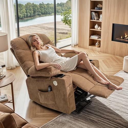 YITAHOME Power Lift Recliner Chair for Elderly with Vibration Massage and Lumbar Heating, Electric Lift Recliner Single Sofa with Side Pocket, Two Cup Holders and USB Charge Port for Living Room,Brown YITAHOME