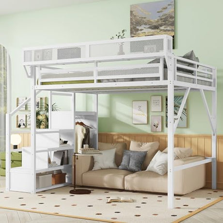 KEIKI Queen Size Metal Loft Bed Frame with Convertible Staircase, Built-in Storage Shelves & Wardrobe, Loft Bed with Solid Slats & Guardrail, No Box Spring Required, Easy Assembly, for Bedroom, White KEIKI
