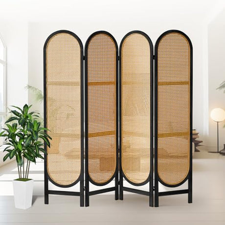Asnefeli 4 Panel Room Divider, Double Hinged Foldable Wooden Room Divider, Individual Privacy Screen Made of Hand-Woven Rattan, Portable Wall Divider for Home Office Bedroom Bathroom (Black Natural) Asnefeli