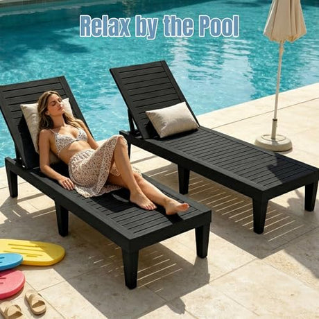 Lounge Chair Outdoor,Set of 2 All-Weather UV-Resistant & Waterproof Patio Lounge Chairs,High-Impact PP 5 Position Adjustable Tanning Chair,Heavy Duty Pool Lounge Chairs Great for Pool & Yard,Black EFU