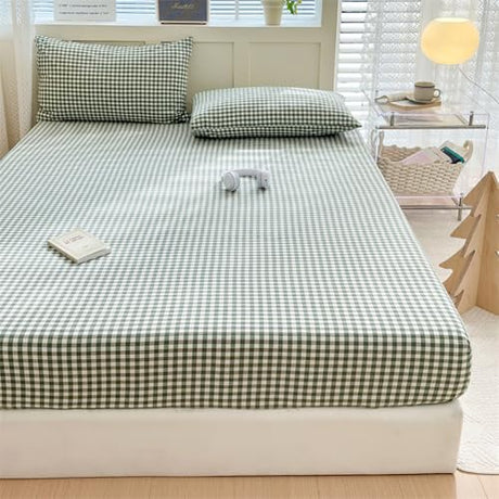LifeTB Green Gingham Fitted Sheet King 1 Piece Plaid Bedding Sheet Soft 100% Washed Cotton Grid Single Bottom Sheet Green Gingham Bed Sheet Cotton Mattress Cover 15" Deep Pocket Farmhouse Grid Sheet LifeTB