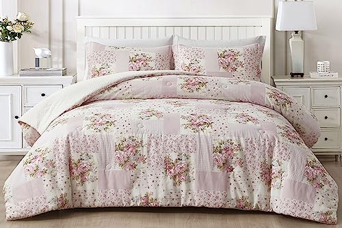 Chezmoi Collection Rosy 3-Piece Full Size Washed Cotton Comforter Set - Floral Bedding Set Ivory Green Pink Flower Polka Dot Printed Patchwork Reversible Lightweight Comforter for All Season Chezmoi Collection