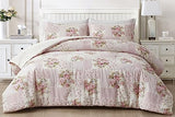 Chezmoi Collection Rosy 3-Piece Full Size Washed Cotton Comforter Set - Floral Bedding Set Ivory Green Pink Flower Polka Dot Printed Patchwork Reversible Lightweight Comforter for All Season Chezmoi Collection