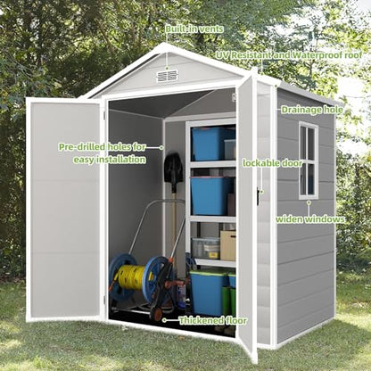 YOFE Resin Shed 6x4.4FT,Outdoor Storage Shed with Floor,Plastic Shed with Floor for Garden Tool,Waterproof Outdoor Resin Shed,Lockable Doors for Patio,Yard,Lawn (LightGray) - WoodArtSupply