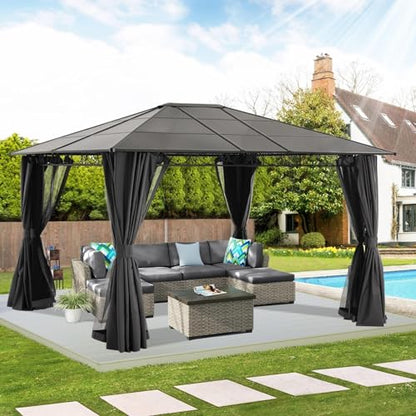 ABCCANOPY Hardtop Gazebo 10x12 - Outdoor Polycarbonate Hard Top Roof Gazebo with Curtains and Netting for Patios, Deck, Backyard and Garden (Dark Gray) - WoodArtSupply