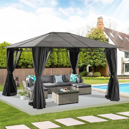 ABCCANOPY Hardtop Gazebo 10x12 - Outdoor Polycarbonate Hard Top Roof Gazebo with Curtains and Netting for Patios, Deck, Backyard and Garden (Dark Gray)