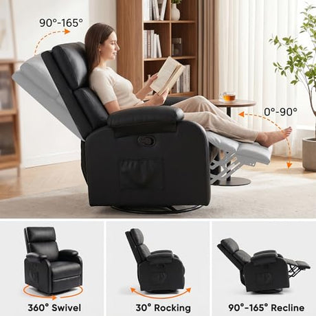 Flamaker Rocking Chair for Nursery, 360 Swivel Rocker Recliner with Vibration Massage, PU Leather, Adjustable Backrest, for Living Room, Bedroom (Black) Flamaker
