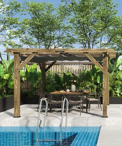 Perbyste 10'X 12' Outdoor Pergola, Wood Pergola with Retractable Shade Canopy for Backyards, Gardens, Patios, Deck - Charcoal Gray Perbyste