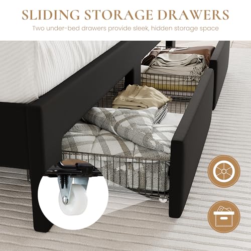 SHA CERLIN Velvet King Size Bed Frame with Vertical Channel Tufted Wingback Headboard & 2 Storage Drawers/2-Tier Shelves with LED Lights & Charging Station/Noise-Free/No Box Spring Needed/Black SHA CERLIN