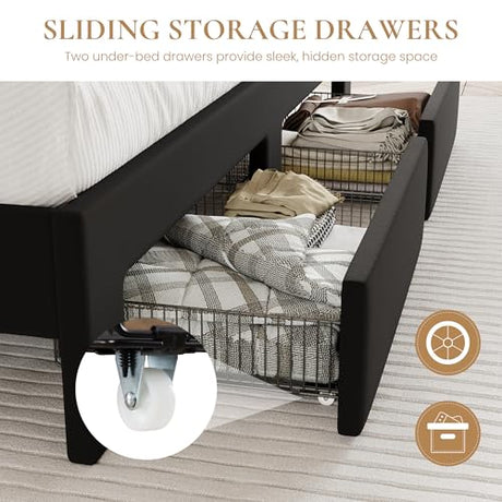 SHA CERLIN Velvet King Size Bed Frame with Vertical Channel Tufted Wingback Headboard & 2 Storage Drawers/2-Tier Shelves with LED Lights & Charging Station/Noise-Free/No Box Spring Needed/Black SHA CERLIN