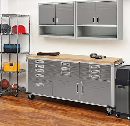 Heavy-Duty Rolling Workbench with Drawers and Cabinet, 77" W x 20" D x 37.5" H, (Granite, 11 Drawer) - WoodArtSupply