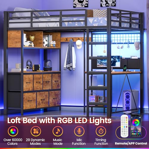 MSmask Full Size Loft Bed with 7 Storage Drawers, Large 2-Cube Bookshelf, L Desk & Charging Station, Metal Loft Bed with LED Lights & Open Shelf, Bed with Safety Guardrail & Ladders, Rustic Brown MSmask