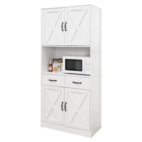 Walmokid 71" Tall Kitchen Pantry Cabinet，Farmhouse Storage Cabinet with Barn Doors and Adjustable Shelves, Heavy Duty White Microwave Cabinet with Drawers for Dining Room, Living Room Walmokid