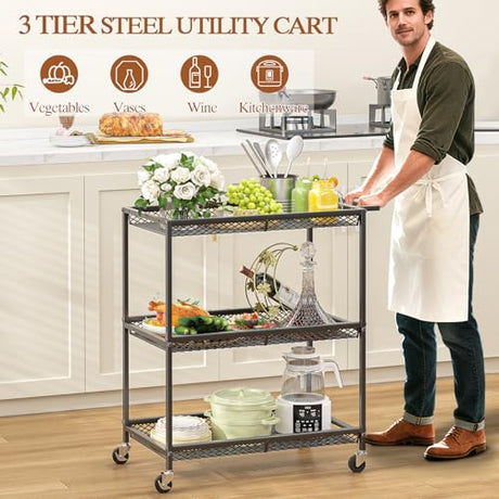 3 Tier Rolling Utility Kitchen Cart, Heavy Duty Wire Rolling Cart on Wheels, Commercial Metal Serving Carts with Handle, Kitchen Island Plant Shelf Food Storage Trolley for Laundry, Office, Garage ThreeHio