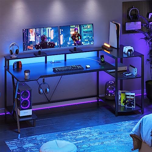SEDETA Gaming Desk 70.8'' with LED Lights and Storage Shelves, Computer Desk with Monitor Stand, Power Outlets and Cup Holder, Large PC Gamer Desk, Gaming Table for Bedroom, Living Room, Black SEDETA