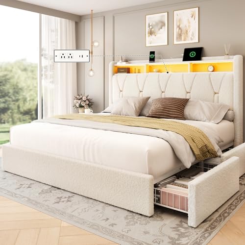 LARMACE Queen Size Bed Frame with 4 Storage Drawers and Boucle Headboard Upholstered Platform Bed Frame with LED Lights & Charging Station,Easy Assembly/No Box Spring Needed,White LARMACE