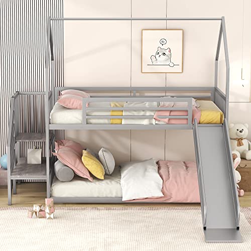 Twin Over Twin Bunk Bed with Slide and Storage Stairs, Heavy Duty Bunk Bed/House Bunk Bed Twin Over Twin, Twin Floor Bunk Beds for Kids, Girls, Boys(Twin Over Twin Sliver) Bellemave