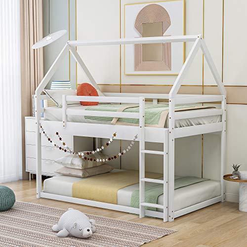 ZJIAH Twin Over Twin House Bunk Bed with Ladder and Saftey Guardrails for Teens, Solid Wood House Shape Floor Twin Bunk Beds Frame for Dormitory & Bedroom, No Box Spring Needed, White