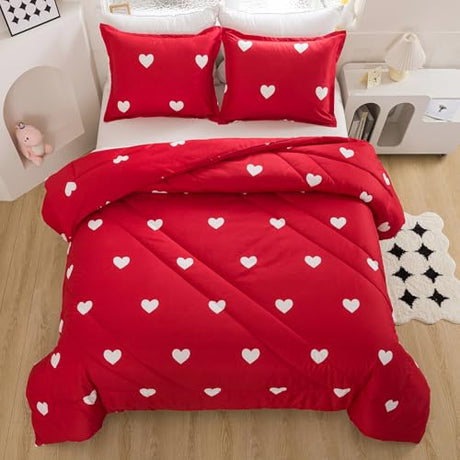 Caressma Love Comforter Set Twin Size - Cute White Heart Print Red Bedding Comforter with Matching Pillowshams Caressma