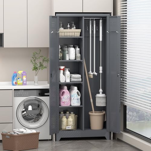 NICEGDLT Metal Storage Cabinet with Lock,72" Garage Storage Cabinets with Hanging Rod & S-Hooks,Large Storage Cabinet with Shelves,Locking Tool Utility Closet for Home,Garage,Utility Room,Dark Grey NICEGDLT