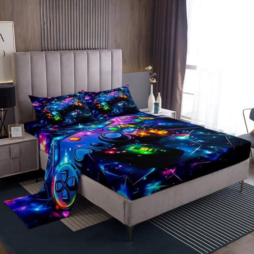 Feelyou Kids Gamer Bed Sheets Set King Size, Galaxy Gaming Sheet Set Glitter Game Comforter Cover Boys Girls Gamepad Teens Bedspread Cover Bedroom Decor with 2 Pillow Case Feelyou