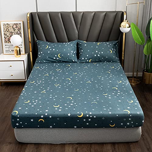 jejeloiu 4 Piece Star and Moon Bed Sheet Set King Size Universe Galaxy Fitted Sheet for Kids Boys Girls Outer Space Bedding Includes 1 Flat Sheet & 1 Sheet with 2 Pillowcases jejeloiu