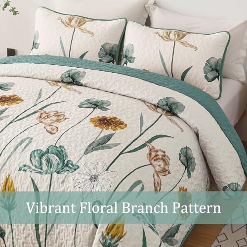WONGS BEDDING Floral Quilt Set Queen,Green Yellow Floral Botanical Bedspread Bedding Set with 2 Pillowcase,Lightweight Summer Farmhouse Coverlet Set for All Season (96"x90") WONGS BEDDING