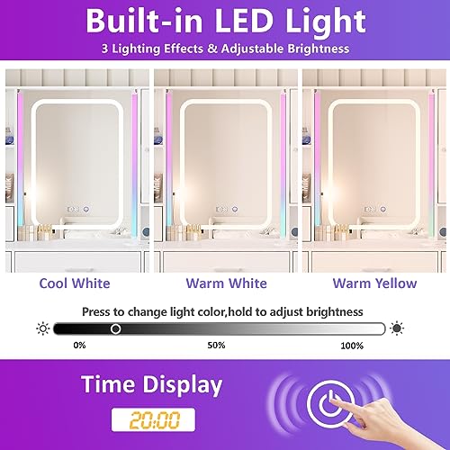 White Vanity Desk with Mirror and Lights,Makeup Vanity with RGB Lights and Power Strip,Makeup Desk Vanity Table with 5 Drawers Lots Storage & Time Display,3 Lighting Modes LED Lighted Mirror, - WoodArtSupply