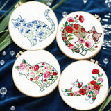 FREEBLOSS 5 Sets Embroidery Kit for Beginners Needlepoint Flower Cat Stamped Embroidery Starter Kit with Instructions, Needles, Threads, 2 Hoops 11.6"/29.5CM
