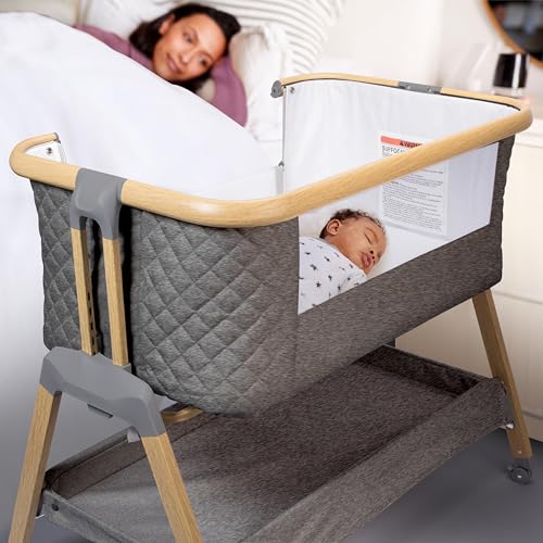 3 in 1 Baby Bassinet with Wheels, Portable Bedside Sleeper for Baby with 7 Adjustable Heights and Foam Mattress, Baby Bedside Crib for Newborns and Infants with Storage Basket, Carry Bag Incl - WoodArtSupply