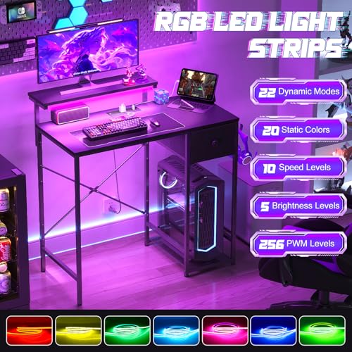 X-cosrack 33.5" Small Gaming Desk with LED Lights & Power Outlets, Compact Computer Desk with Monitor Stand & CPU Stand, Gamer Table with Storage Drawer, Side Hooks for Home Office, Bedroom, Black X-cosrack