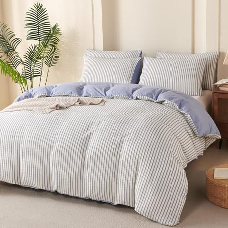 BUPIRD Comforter Set King Striped Blue 100% Soft Washed Microfiber Jacquard 3 Pieces King Striped Bedding Sets Blue White Comforter for All Seasons and 2 Pillowcases Comfort Breathable BUPIRD