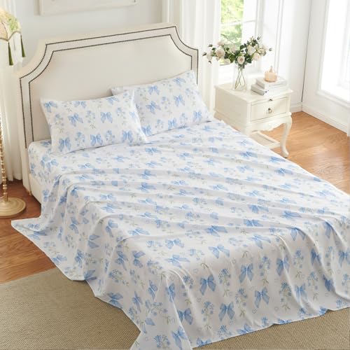 CCoutueChen Blue Bow Sheet Set Full Garden Floral Fitted Sheet Set for Girls Kids Soft Microfiber Fitted Flat Sheets & Pillowcases Cute Princess Style Bowknot Bedding Sets Toddlers 4 Pieces CCoutueChen