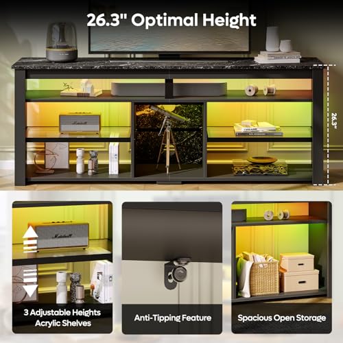 Bestier TV Stand for 65/70 inch TV, Tall Entertainment Center with 2 Led Lights, Gaming TV Console with Storage for PS5, Modern TV Cabinet for Bedroom, Living Room, Black Marble Bestier